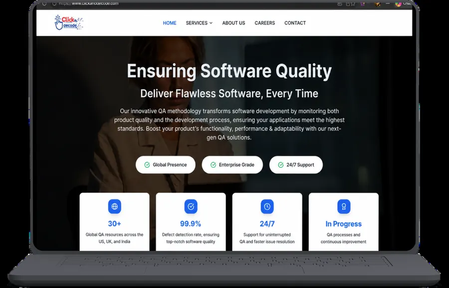 Click & Decode site from the Career Craftly portfolio, describing software quality assurance.